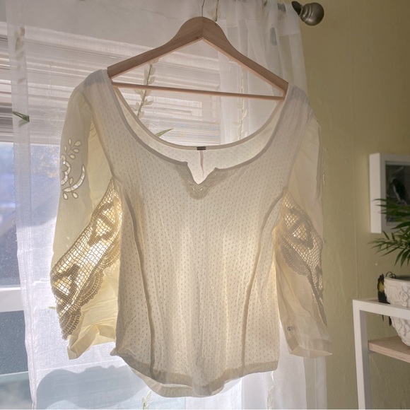 Free People Tops - Free People Cream Eyelet Crochet Peasant Top